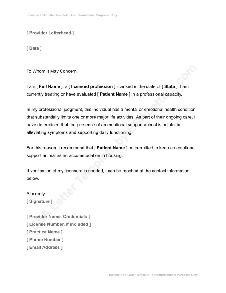 ESA Letter Sample for Healthcare Professionals